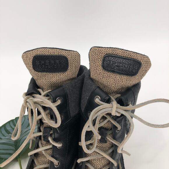 Sperry Black Gray Cream Leather Lace-Up Fold Over Wool Lined Acklin Boots Shoes - Picture 7 of 10